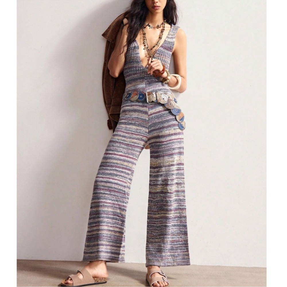 Boho Multicolor Stripes Knit V Neck SleeveLess Wide leg Jumpsuit S M L